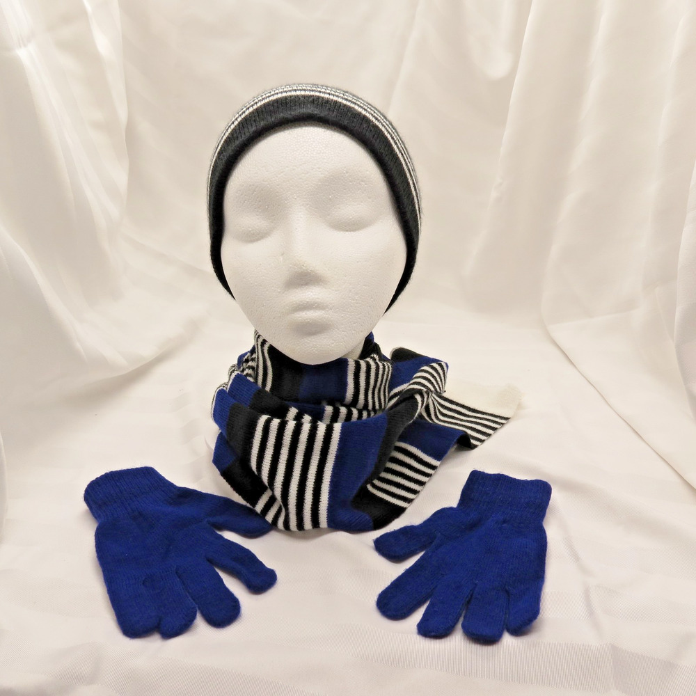 Kids Knit Beanie Hat, Gloves & Scarf Set Black White Blue Striped 100% Acrylic